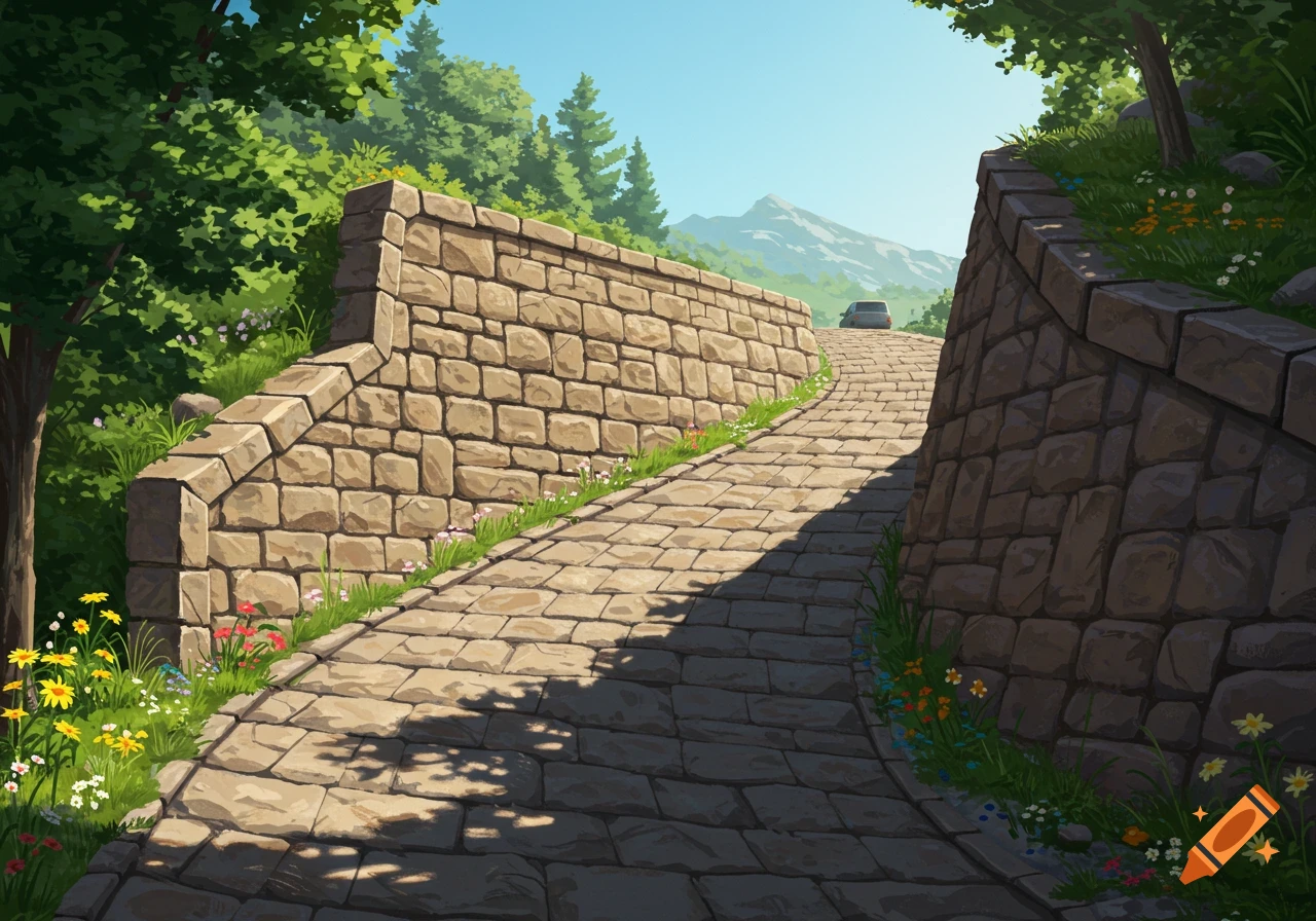An uphill cobblestone road with stone walls, surrounded by green trees, under a clear sky, with a car and mountains in the distance, in an illustrative style.