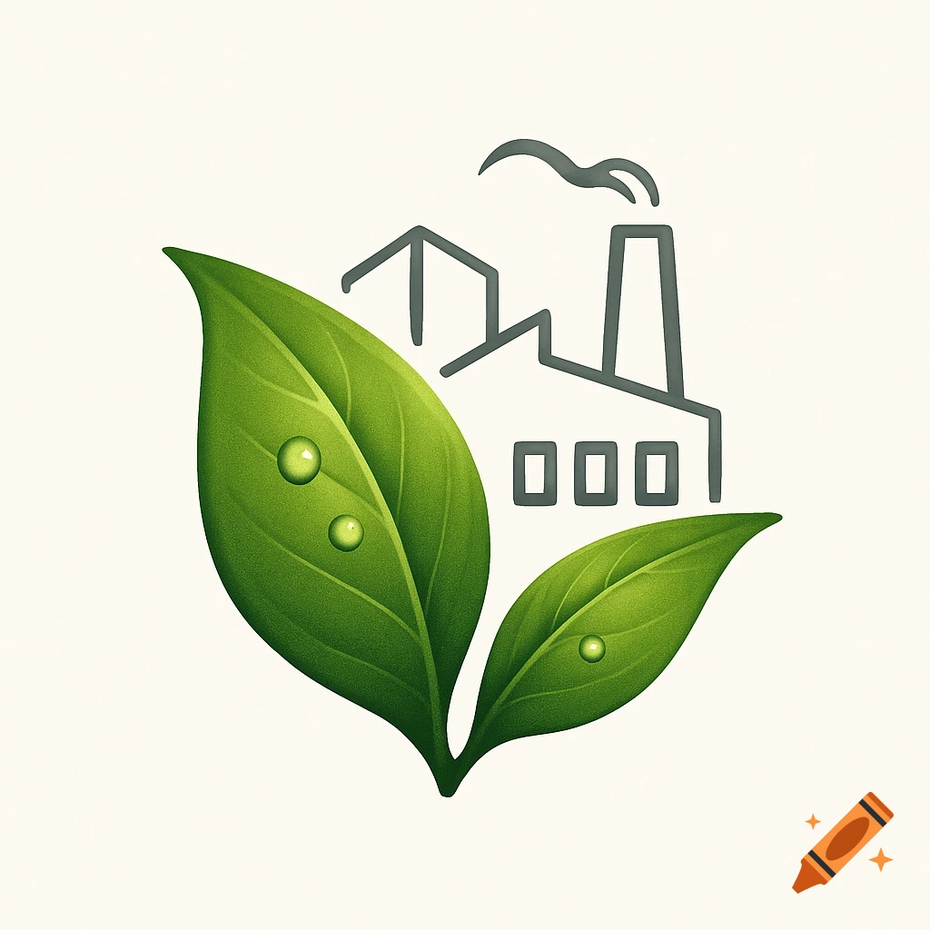 Logo with two vibrant green leaves with water droplets in the foreground and a gray outline of a factory with a smoking chimney in the background.