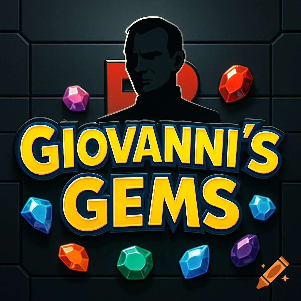 Pokemon-themed logo for Giovanni's Gems, featuring a shadowy male silhouette, large yellow text, and colorful faceted jewels on a dark background.