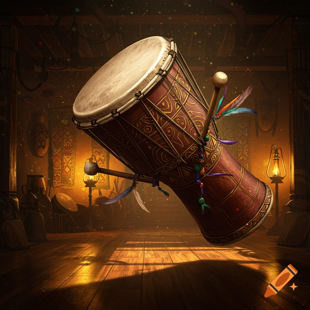 An ornate djembe drum with gold patterns, beads, and feathers floats in a dimly lit room with tribal masks and wooden floors.