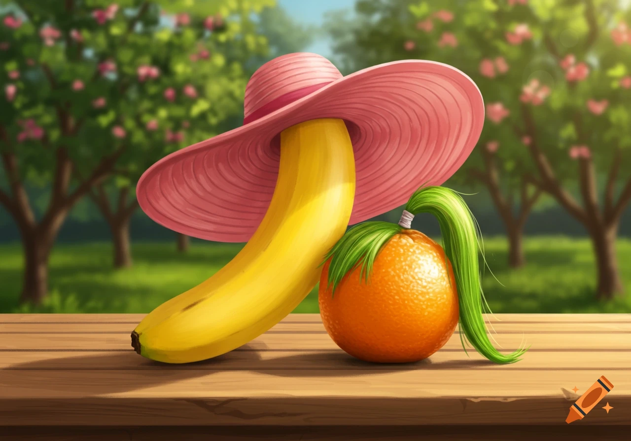 A cartoon banana wearing a pink wide-brimmed hat next to an orange with green leaves styled like a ponytail, on a wooden table in a garden.