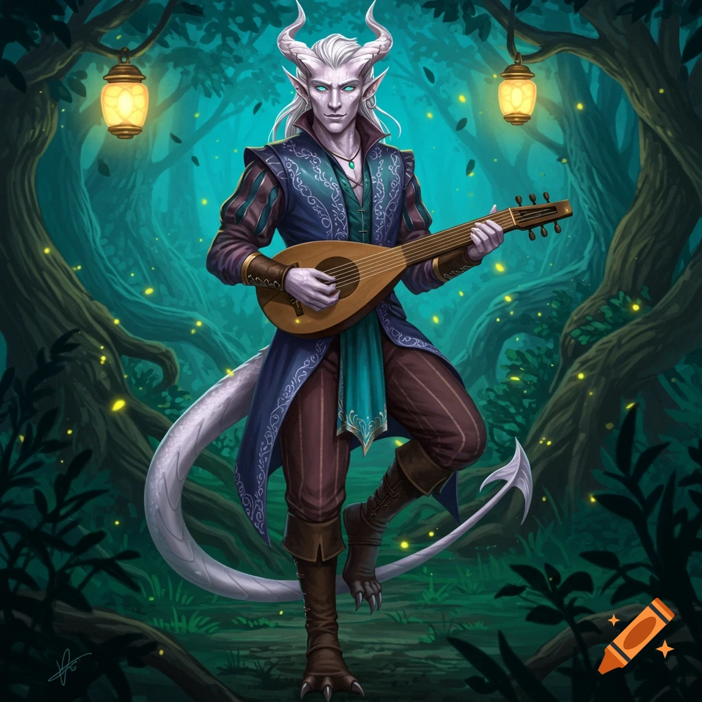 A white-haired, pale-skinned half-tiefling half-dragonborn man with horns and a tail, dressed in fantasy attire, plays a lute in a magical forest setting with glowing fireflies.