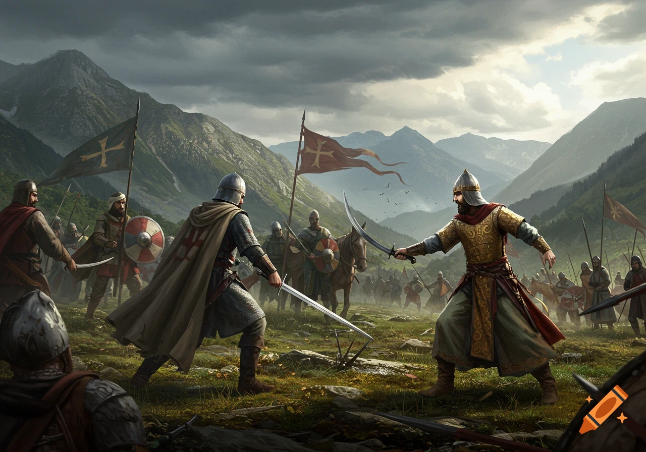Two armies of medieval warriors, one with cross flags and the other in patterned armor, clash in a mountain valley under a dramatic sky.