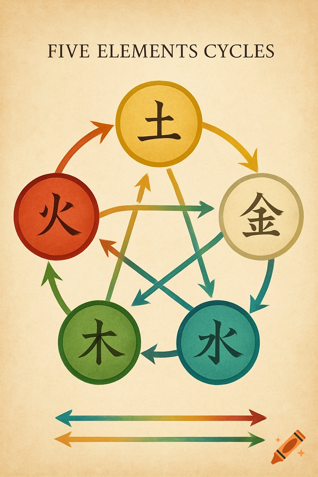 Diagram of the Five Elements Cycles with colored circles, Chinese characters, and connecting arrows on a textured background.