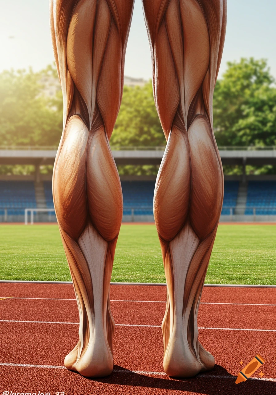 Detailed anatomical rendering of human leg muscles, viewed from behind on a running track.