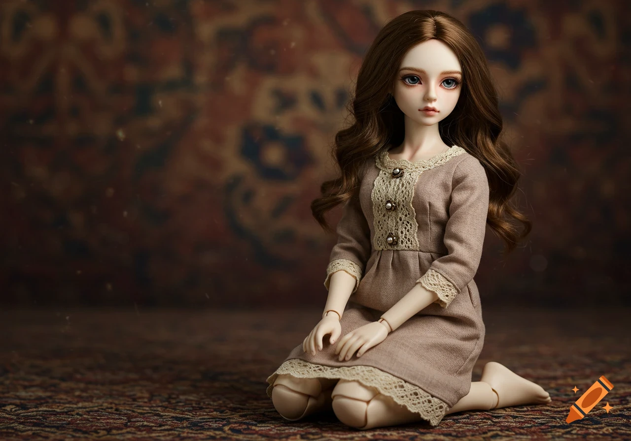A realistic doll with long brown hair and a beige dress kneels on a patterned rug, looking forward.