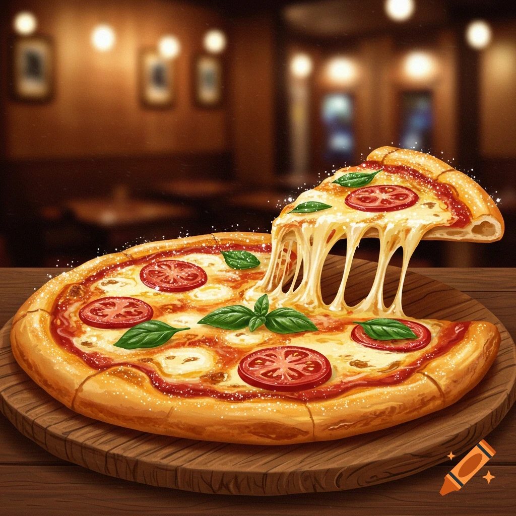 A sparkling pizza with melted cheese, tomato, and basil, a slice lifting with a cheese pull, on a wooden board in a restaurant.