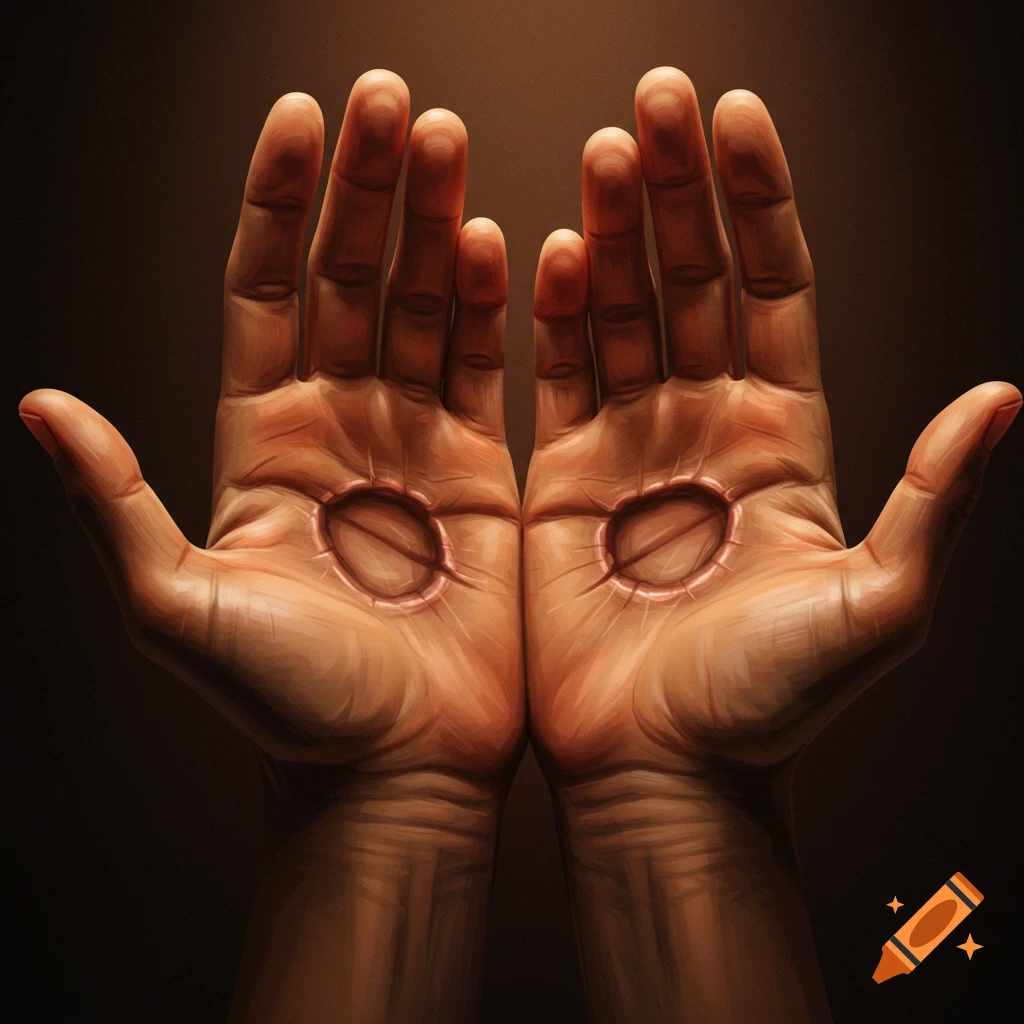 Two open human hands with deep circular scars on the palms, rendered in a dramatic, illustrative style.