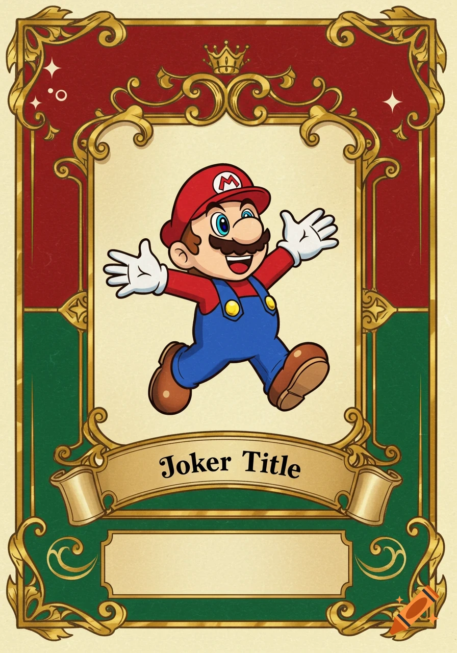 Cartoon Super Mario skipping on a Joker playing card with an ornate gold, red, and green frame, labeled 'Joker Title'.