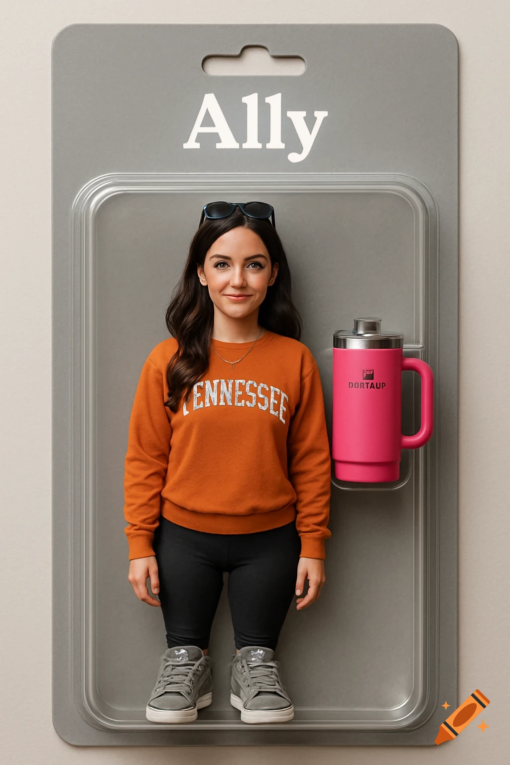 A female action figure named Ally in blister packaging, wearing an orange 'Tennessee' sweatshirt and black leggings, with a pink mug.