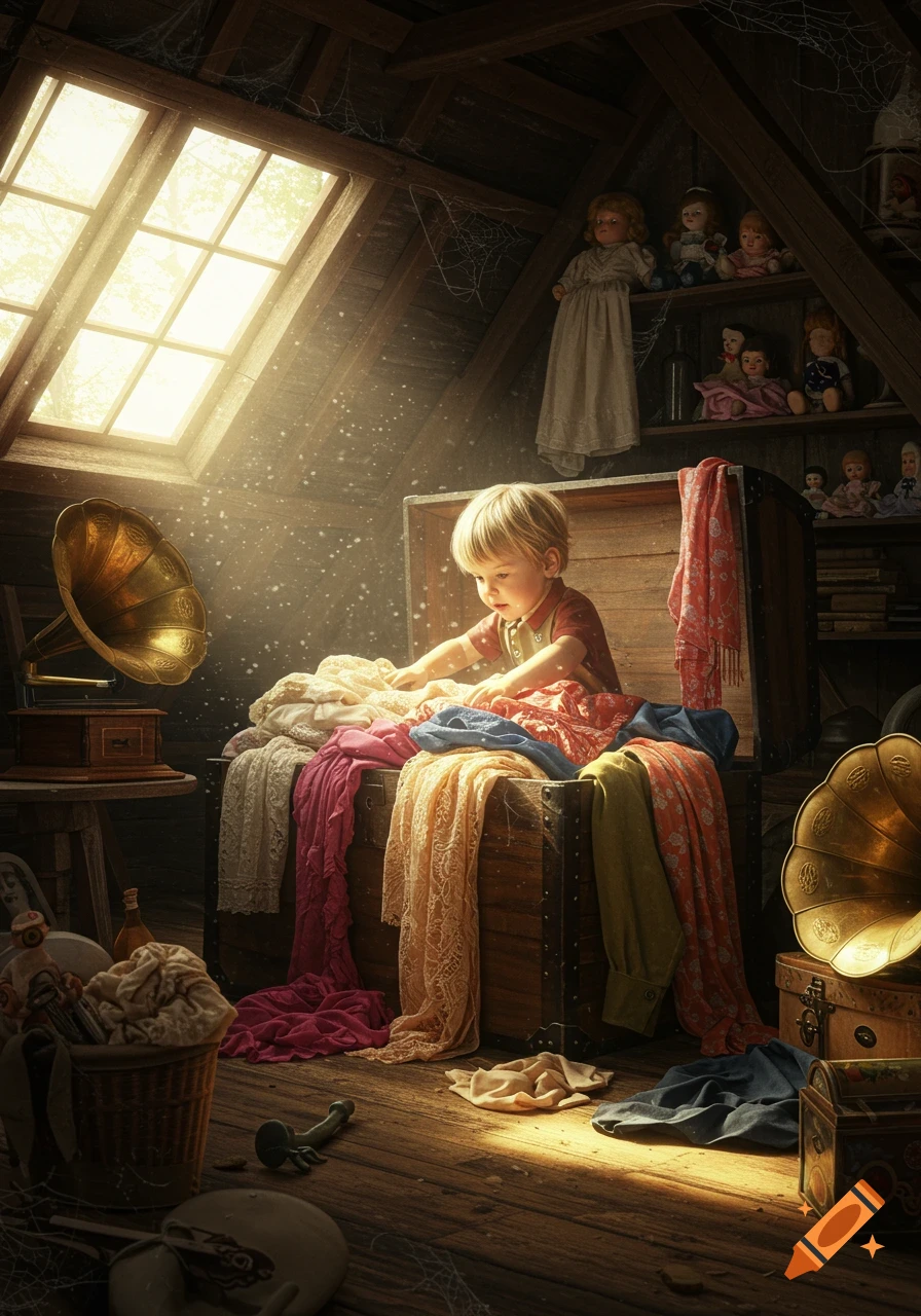 A young child rummages through a large trunk filled with colorful clothes in a dusty, sunlit attic, surrounded by old objects and dolls.