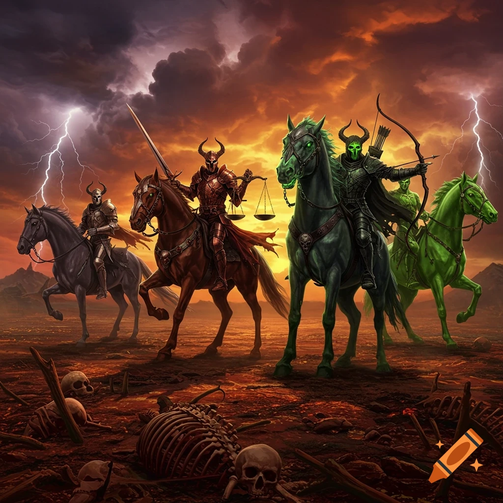 Four armored horsemen, each with distinct colors, ride through a fiery, stormy landscape with lightning and scattered skeletons.