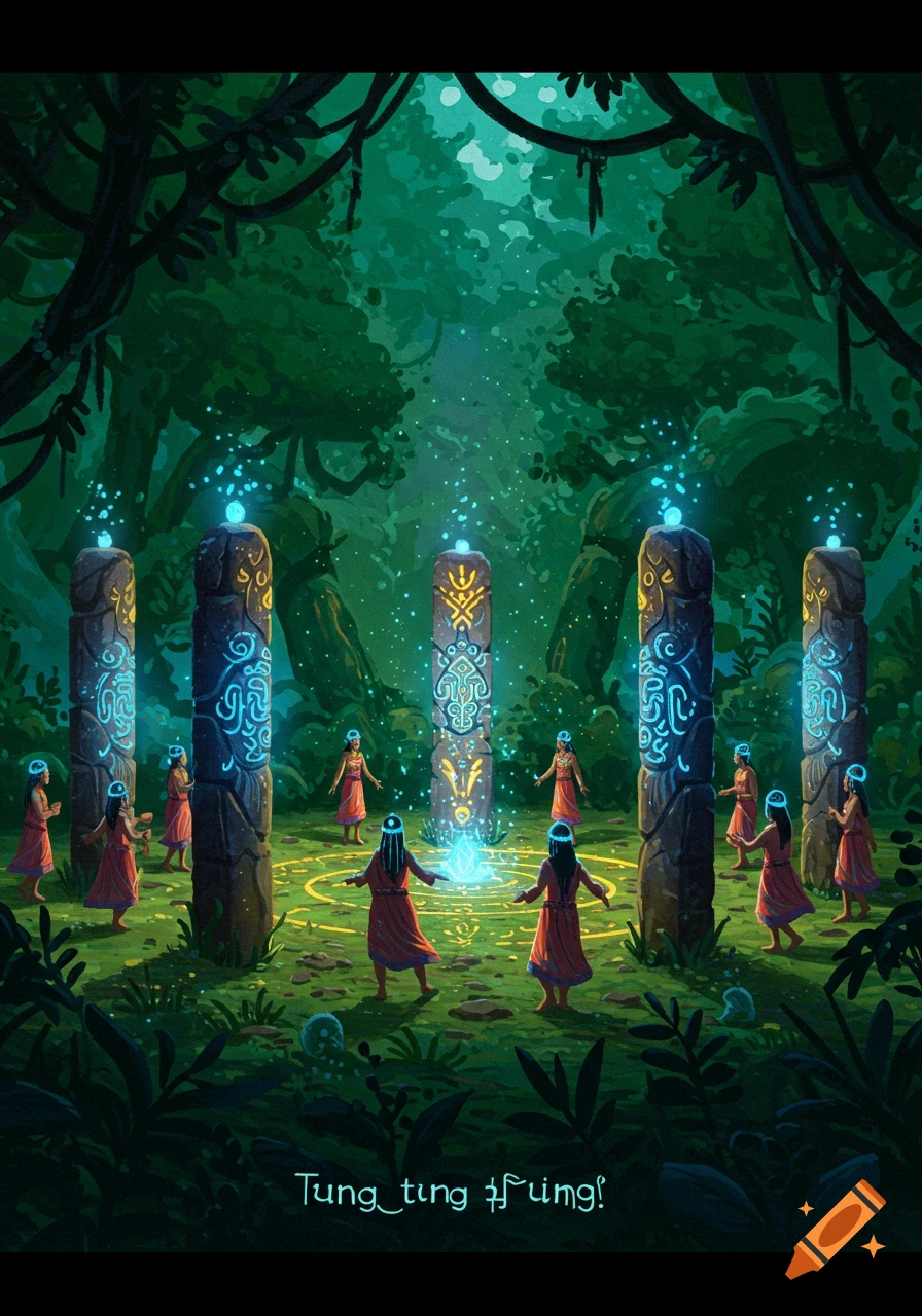 Stylized illustration of robed figures performing a glowing ritual around ancient stone pillars in a mystical, lush jungle.
