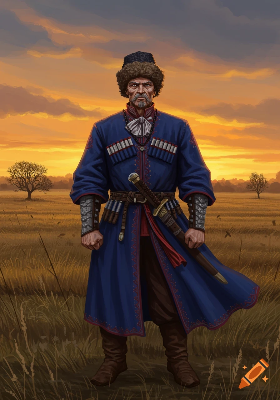 A serious man in a blue traditional coat with a fur hat and a sword stands in a golden field at sunset.