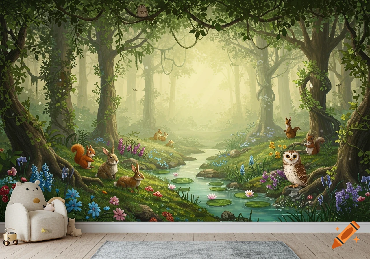 A vibrant, cartoon-style enchanted forest wall mural features cute animals like rabbits, squirrels, and an owl by a stream.