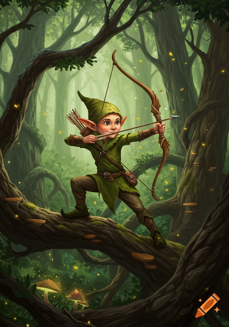 A cute Keebler-style elf archer in a green outfit aims a bow and arrow while standing on a mossy tree branch in a magical, glowing forest.