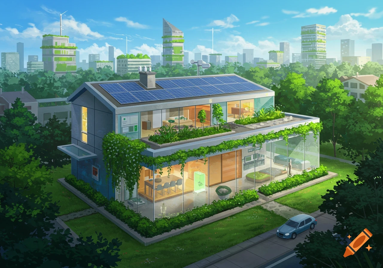 Illustrated view of a modern, eco-friendly house with solar panels and green roofs, set in a lush, futuristic city.