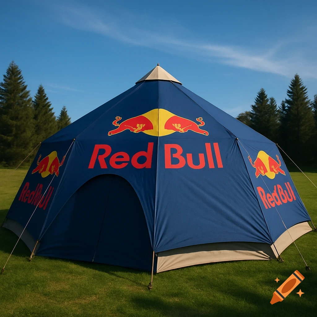 A blue hexagonal tent with Red Bull logos on it sits on green grass under a clear blue sky with pine trees.