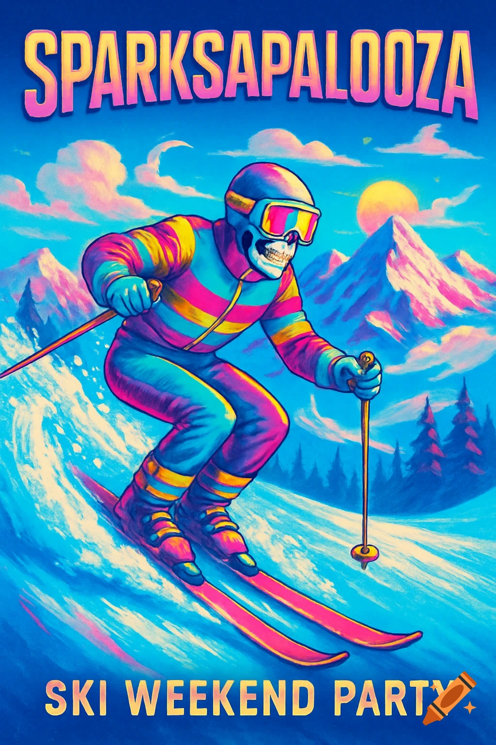 A colorful retro illustration of a skeleton in ski gear skiing down a mountain, with text 'SPARKSAPALOOZA SKI WEEKEND PARTY'.
