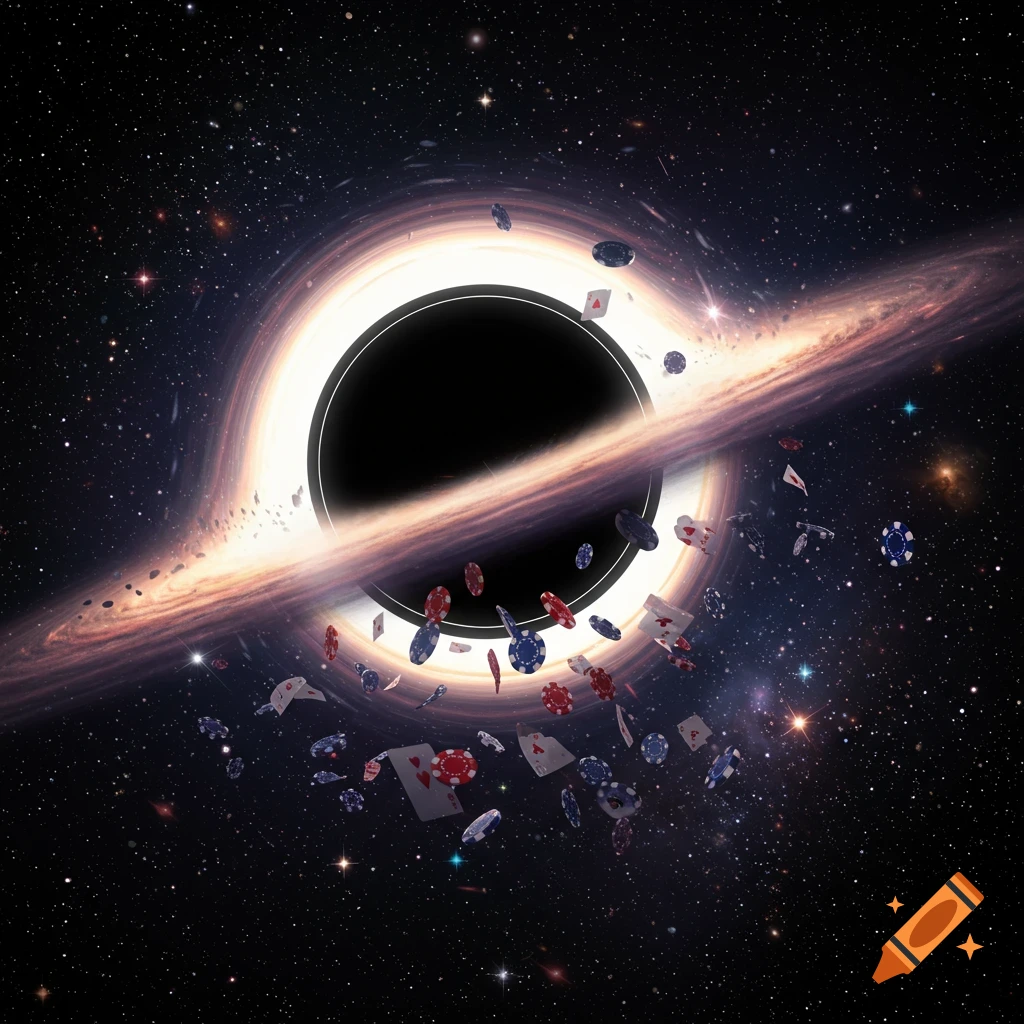 A surreal black hole in space with a glowing accretion disk, surrounded by poker chips and playing cards being drawn in.