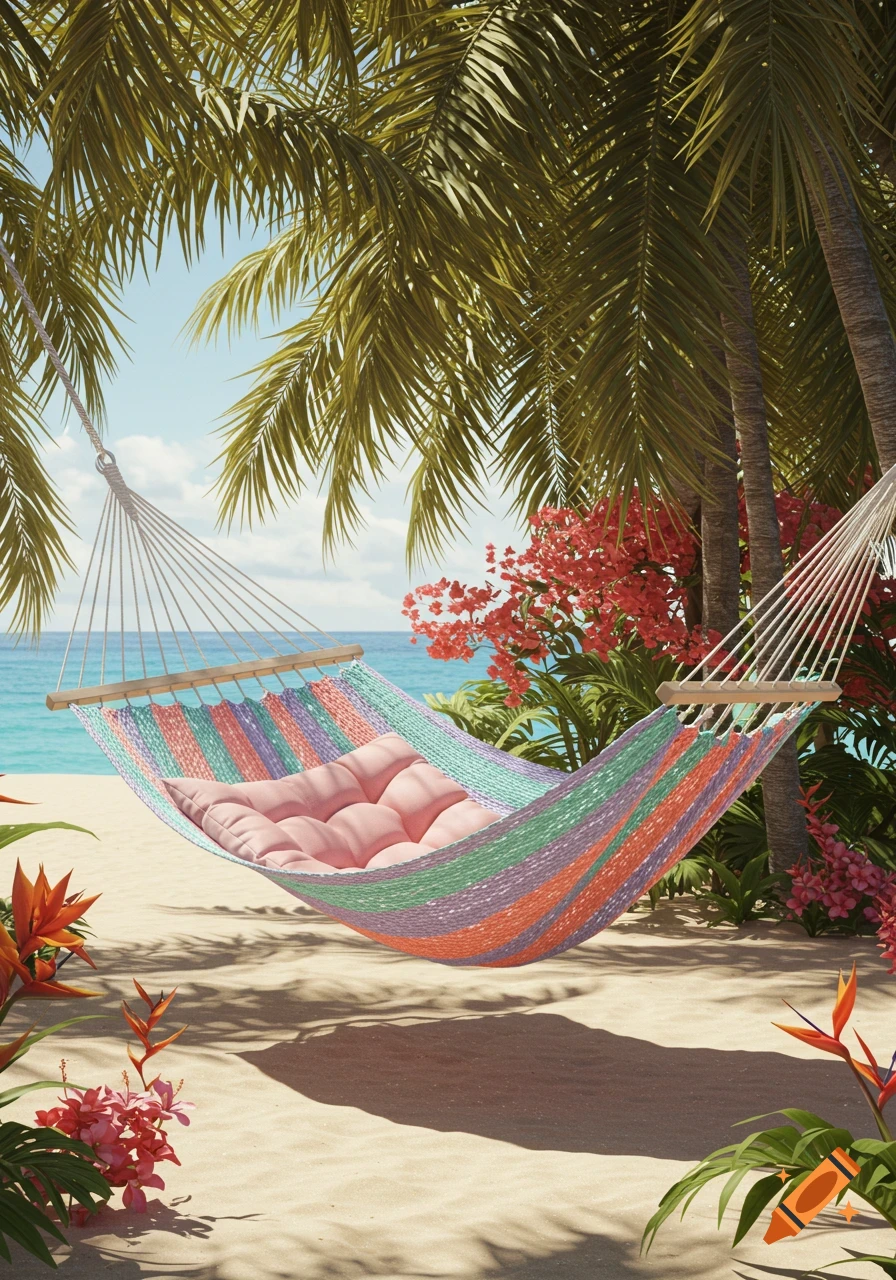 A colorful striped hammock with a pink pillow hangs between palm trees on a sunny sandy beach beside a turquoise ocean, photorealistic.