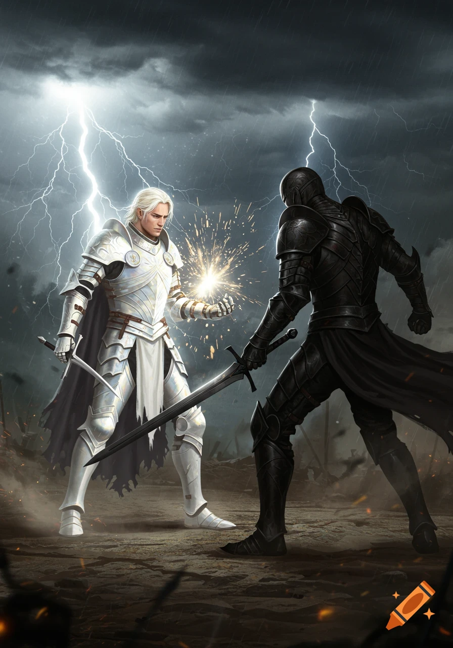 Two knights, one in white and one in black armor, face off on a stormy battlefield with lightning, the white knight emitting energy.