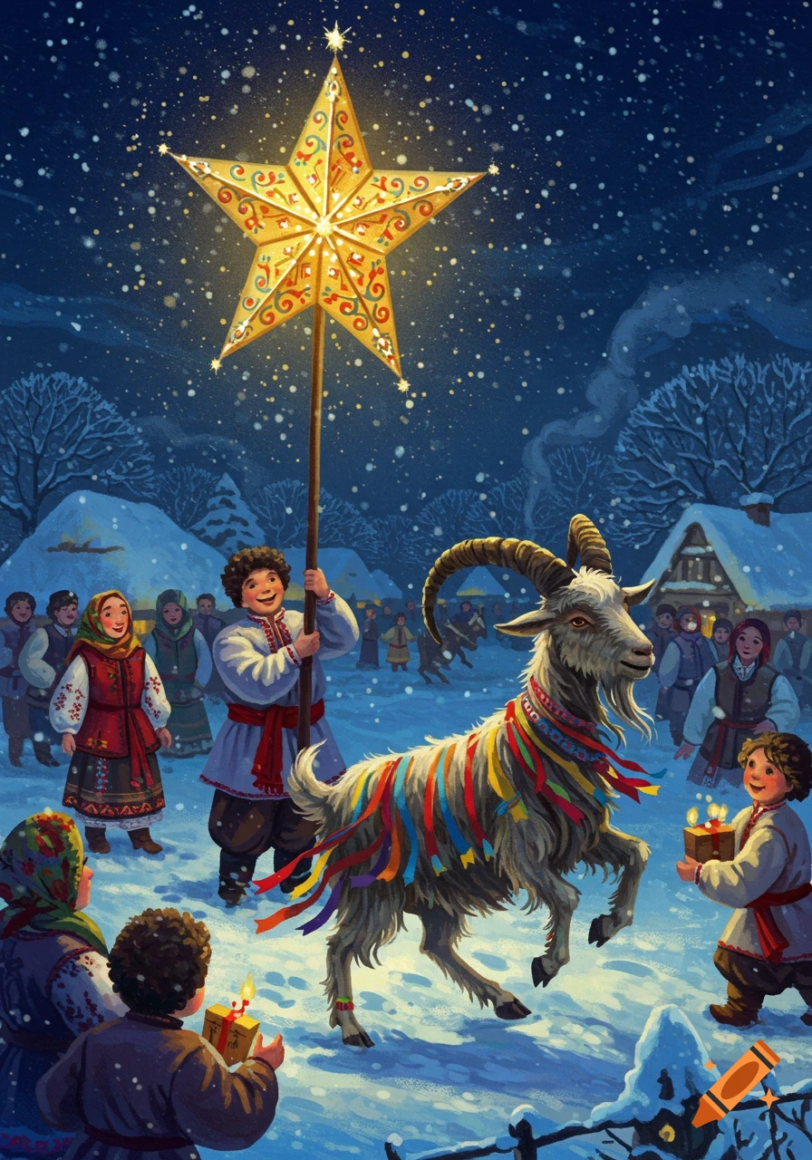 Ukrainian Christmas carol illustration: villagers, a boy with an illuminated star, and a ribbon-decorated goat in a snowy village.