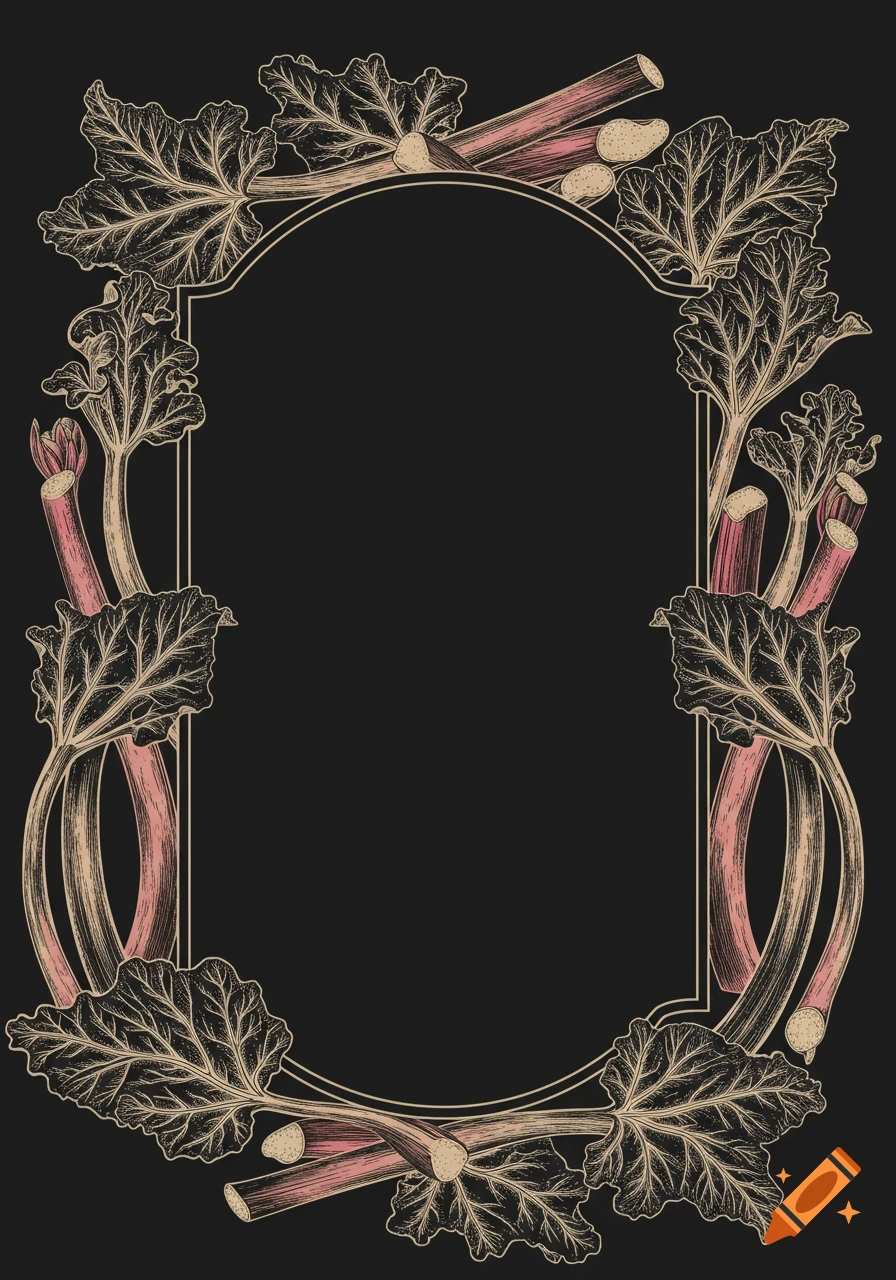Vintage botanical illustration of rhubarb plants and leaves forming an oval frame on a black background.