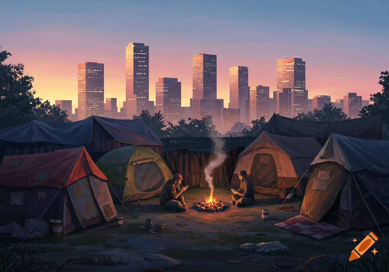 An illustrated homeless encampment at sunset, with two people by a campfire in front of tents and a city skyline.
