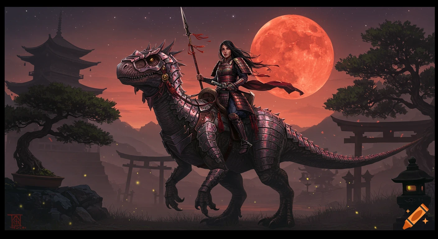 A warrior woman in samurai armor rides an armored dinosaur under a blood moon in a Japanese landscape with pagodas and torii gates.