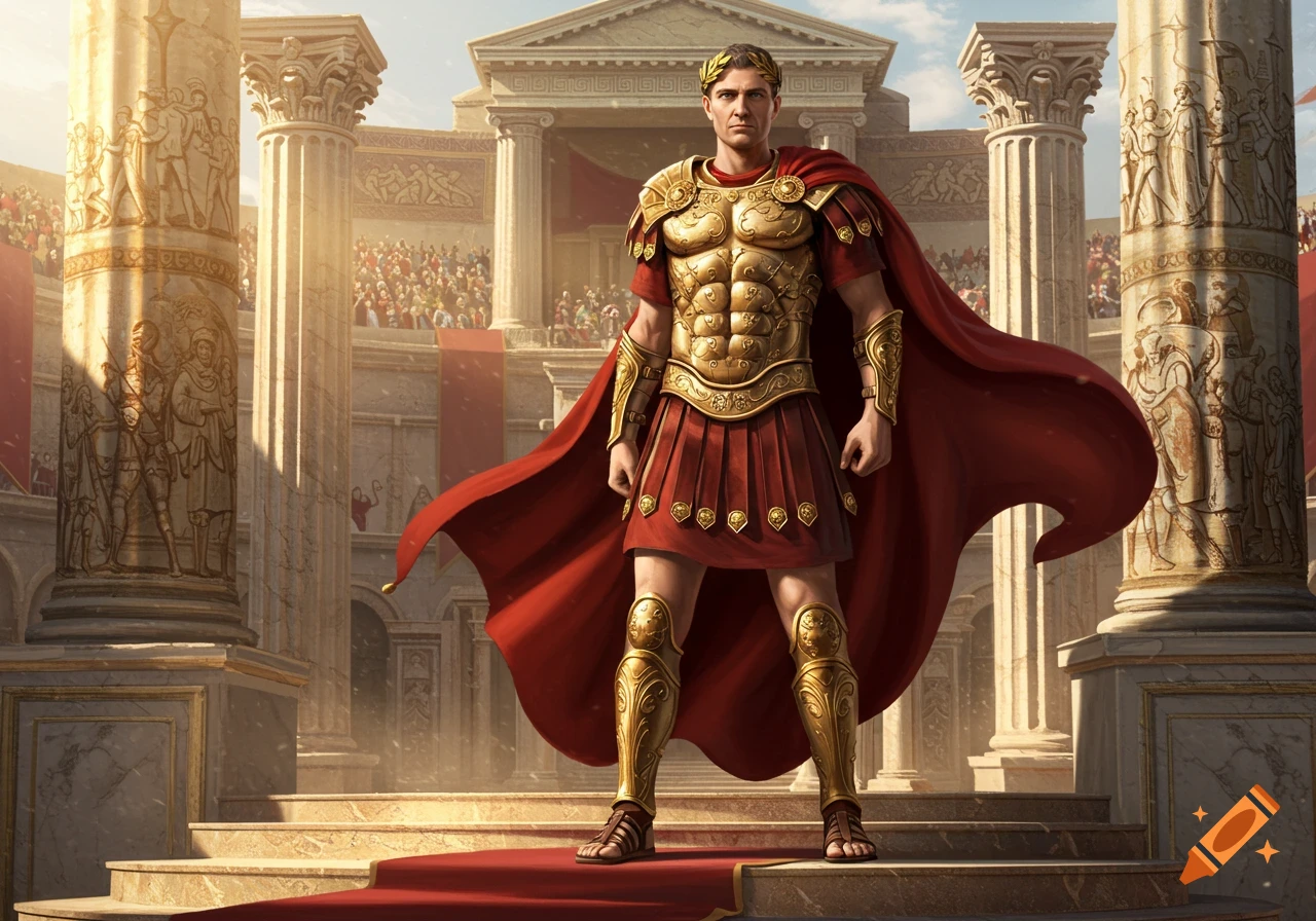 A majestic Roman emperor in golden armor and a red cape stands on a red carpet in a grand arena.