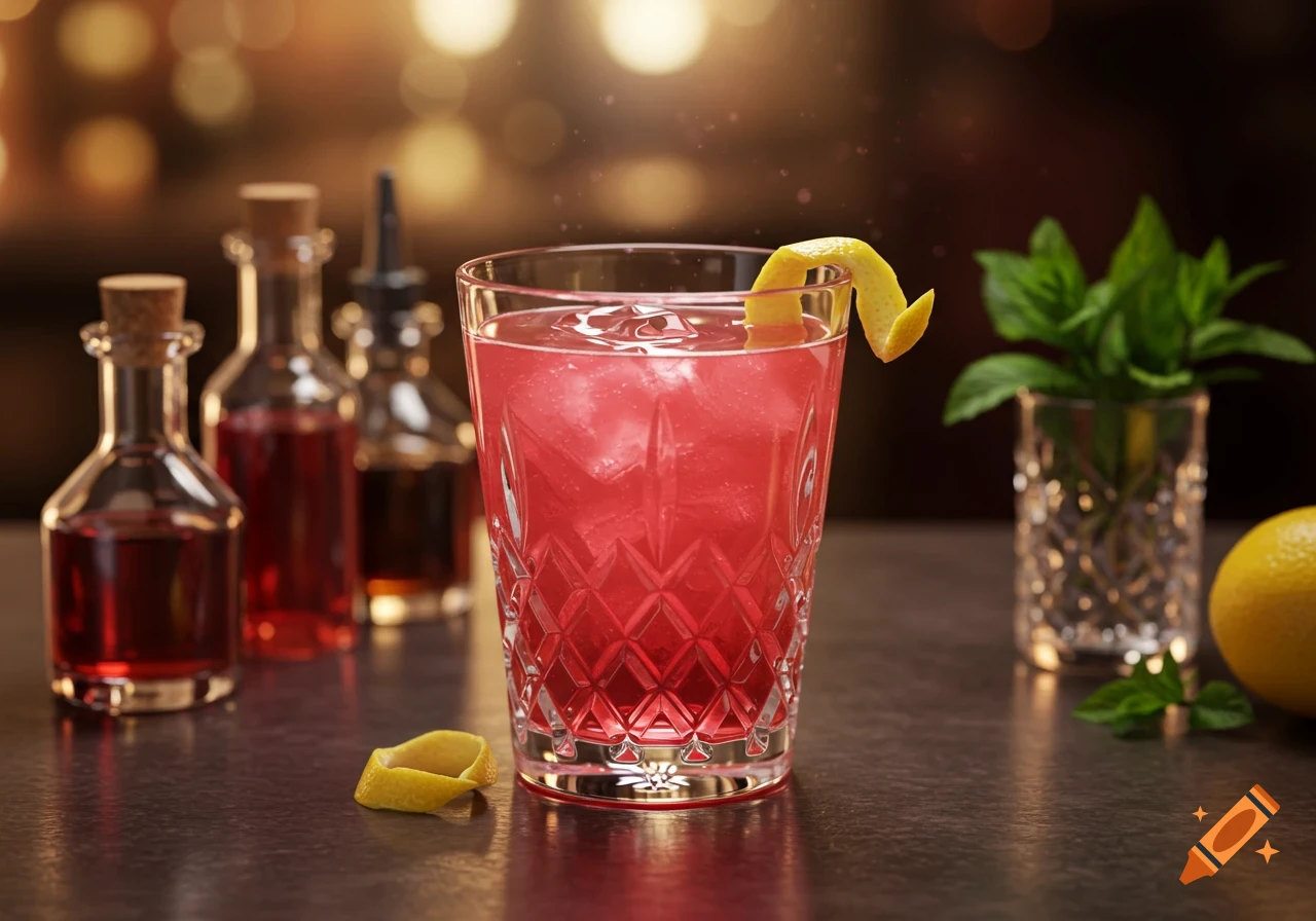 A vibrant pink cocktail with ice and a lemon peel garnish sits on a dark bar, with liquor bottles and mint in the background.