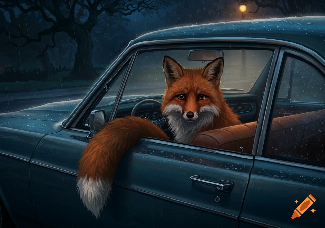 A red fox with a fluffy tail sits in the driver's seat of a blue car in the rain at night, digital art.