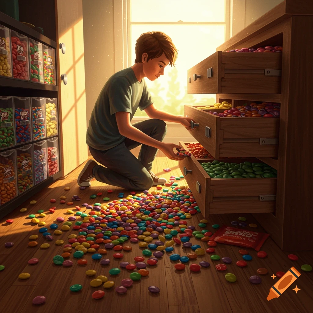 A person kneels on a wooden floor, sorting colorful candies into drawers of an open cabinet, with a large pile of candies scattered around.
