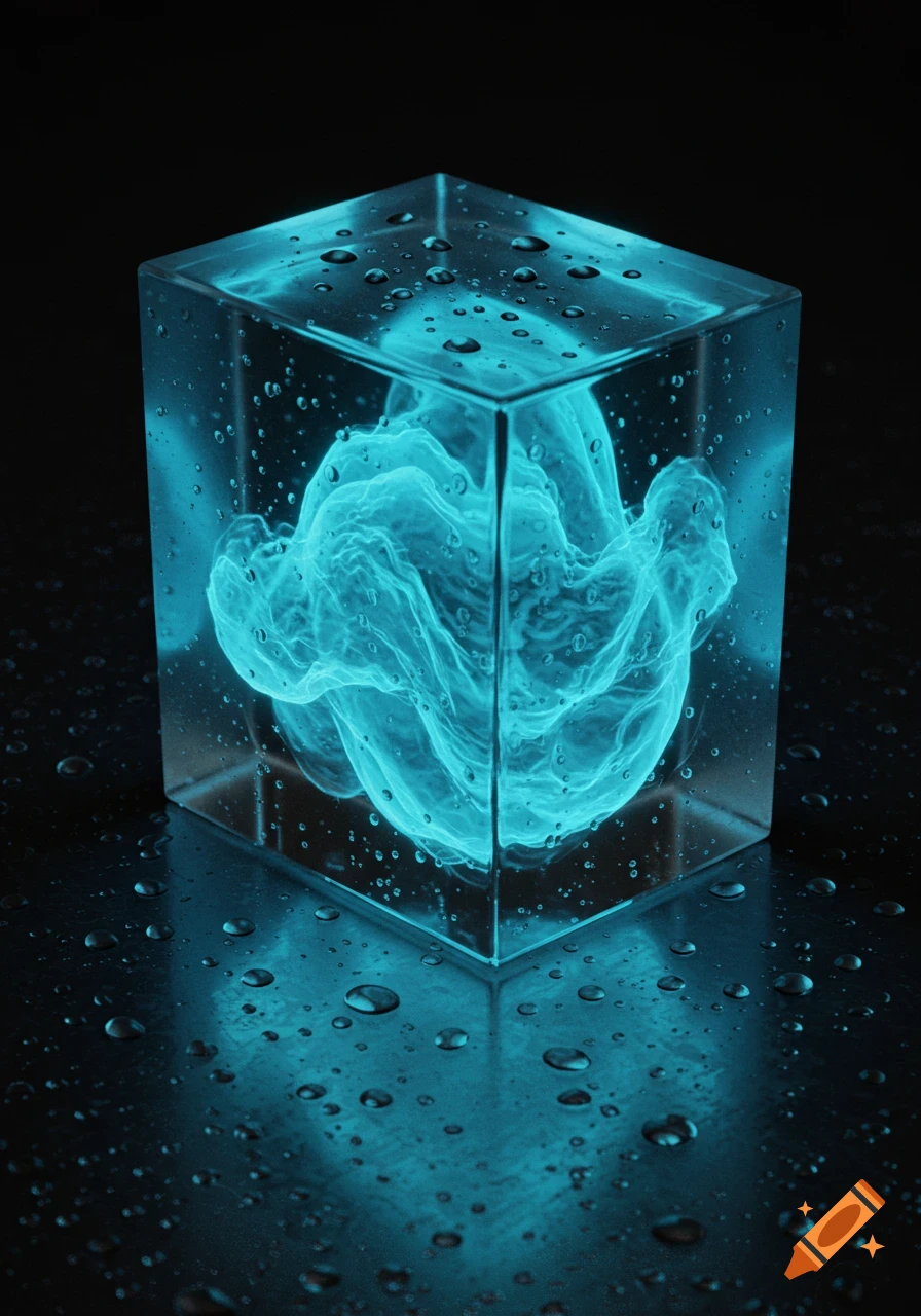A transparent cube filled with a glowing blue-green liquid sits on a ...
