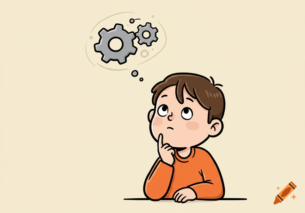 Cartoon illustration of a young boy looking up thoughtfully, with two grey gears appearing above his head.