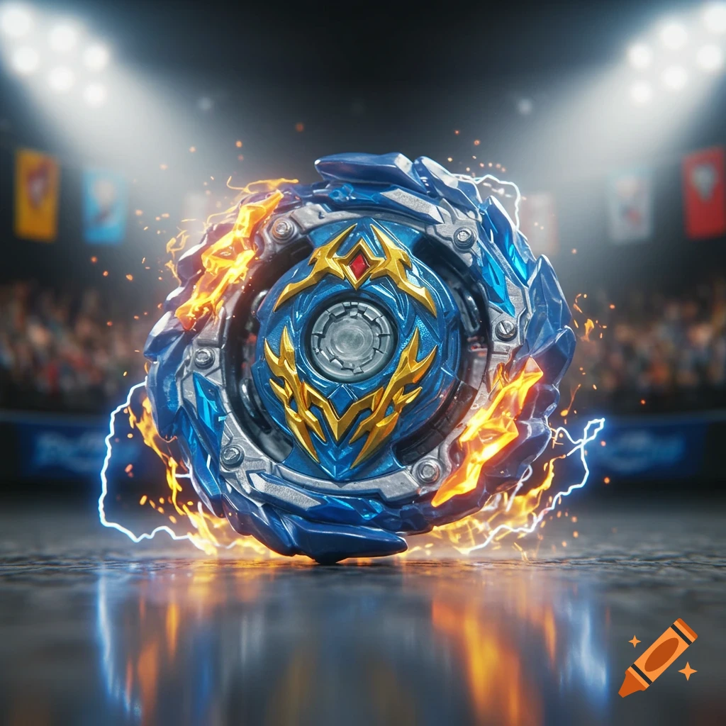 A blue and gold Beyblade toy engulfed in fire and lightning, spinning on a reflective surface in a brightly lit arena.