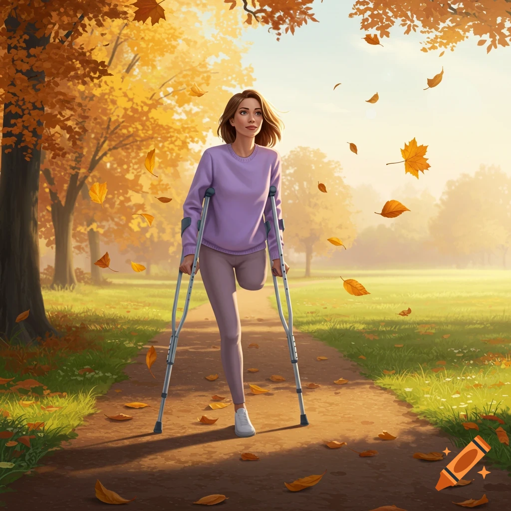 A woman with a prosthetic leg and crutches walks on a path in an autumn park with falling orange leaves.