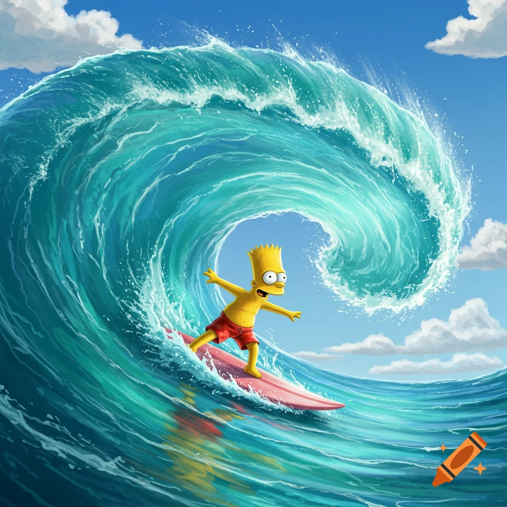 Cartoon Bart Simpson surfs a huge turquoise wave on a pink surfboard under a blue sky.