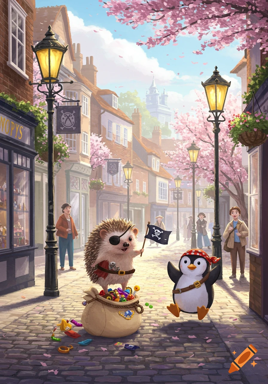 A pirate hedgehog and penguin stand on a sack of treasure in a charming, cherry blossom-lined English street. Watercolor illustration.
