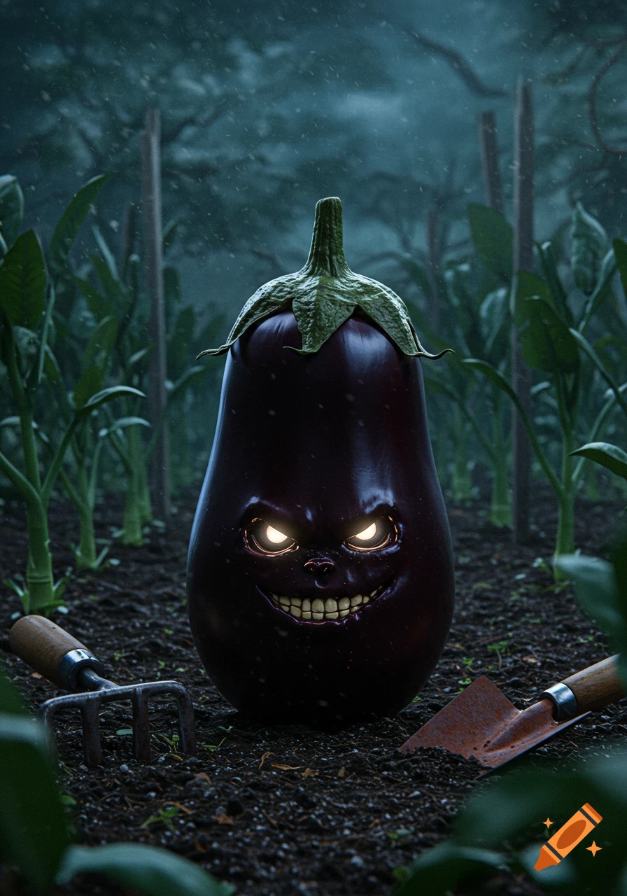 A photorealistic image of a creepy eggplant with glowing eyes and a toothy grin in a dark, rainy garden with farming tools.