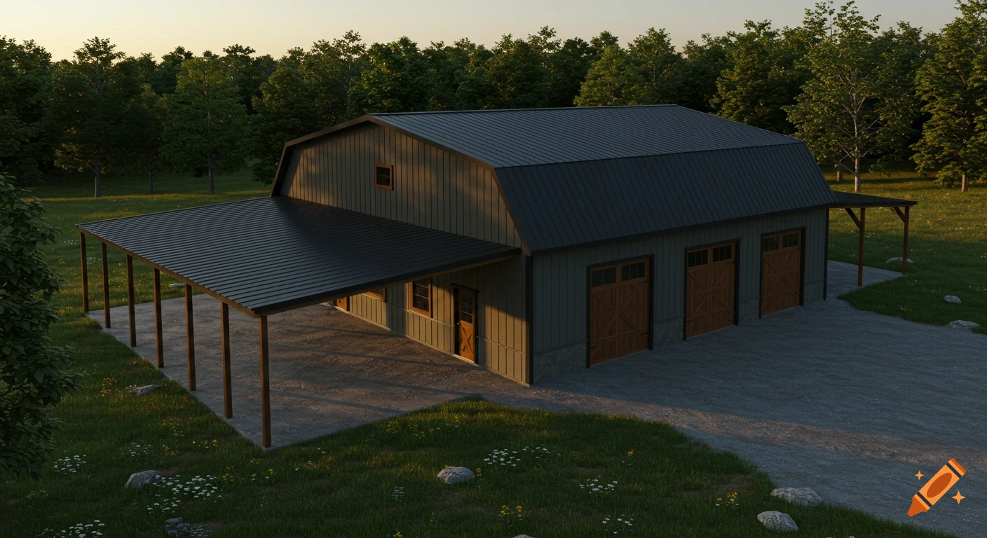 Photorealistic 3D render of a dark gray steel pole barn with black roof, three wood garage doors, and an L-shaped lean-to.