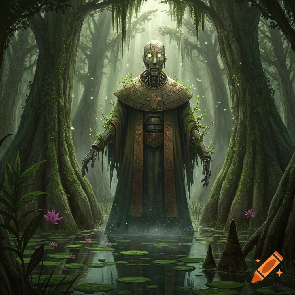 A digital painting of an ancient-looking robot priest with glowing green eyes, standing in a mossy swamp amidst trees and lily pads.