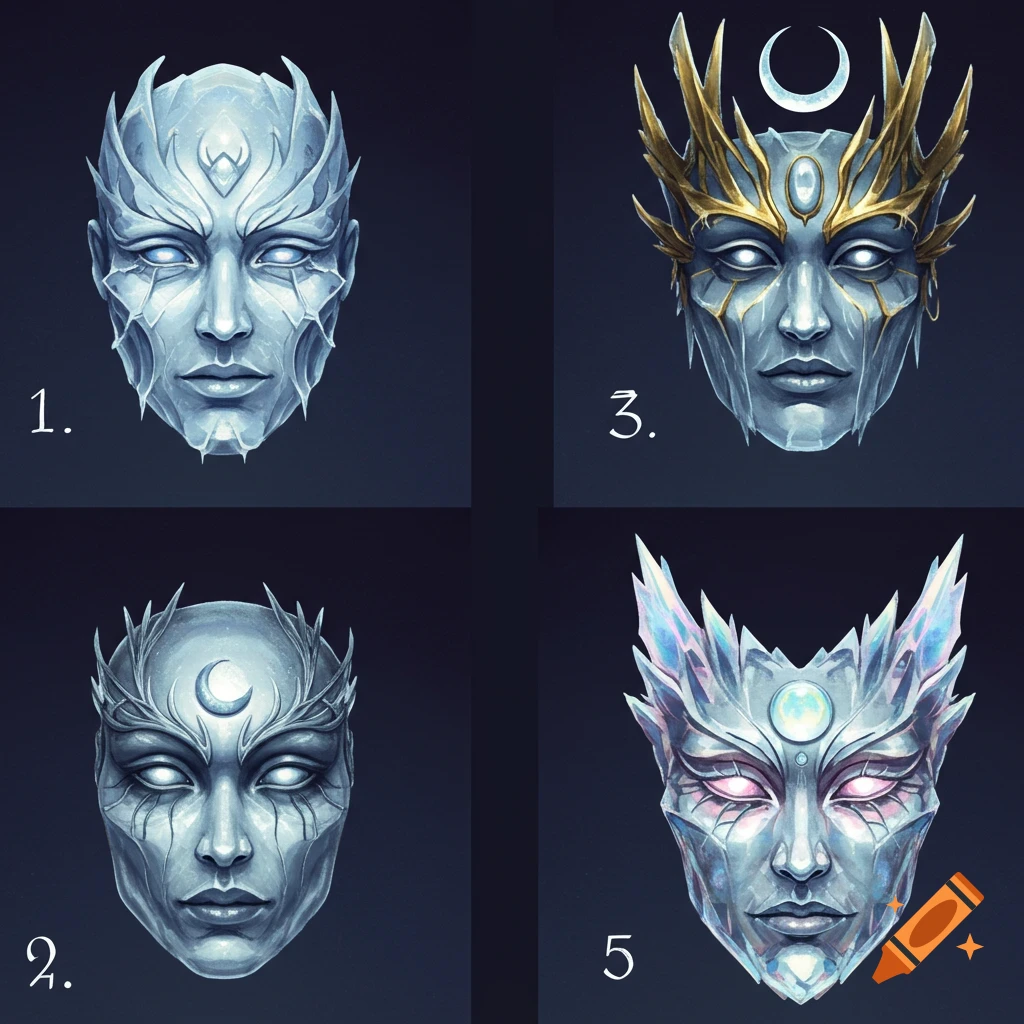 Five stylized ice and crystal fantasy masks, some with crescent moon and gold adornments, on a dark background.