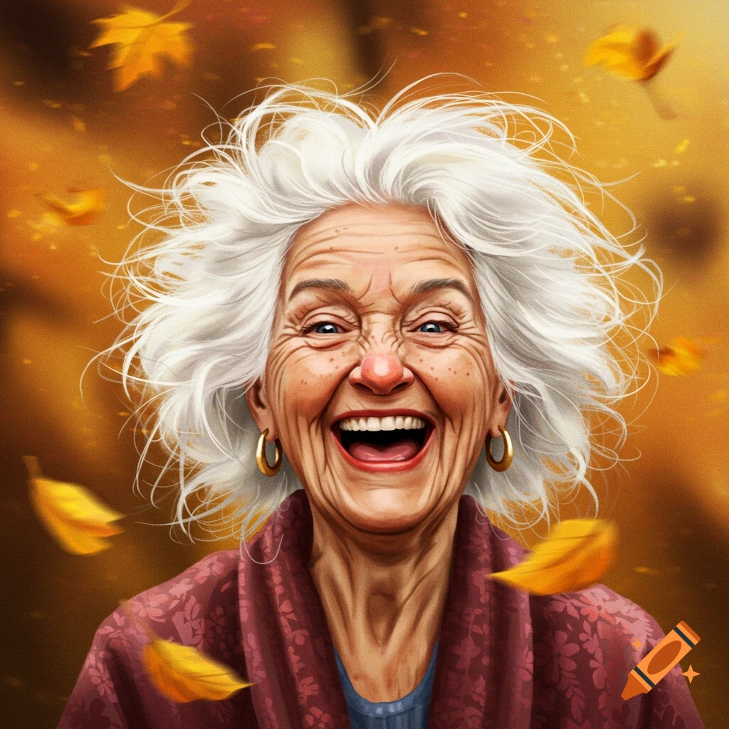 Close-up portrait of a joyful elderly woman with white messy hair, laughing heartily as autumn leaves fall around her.