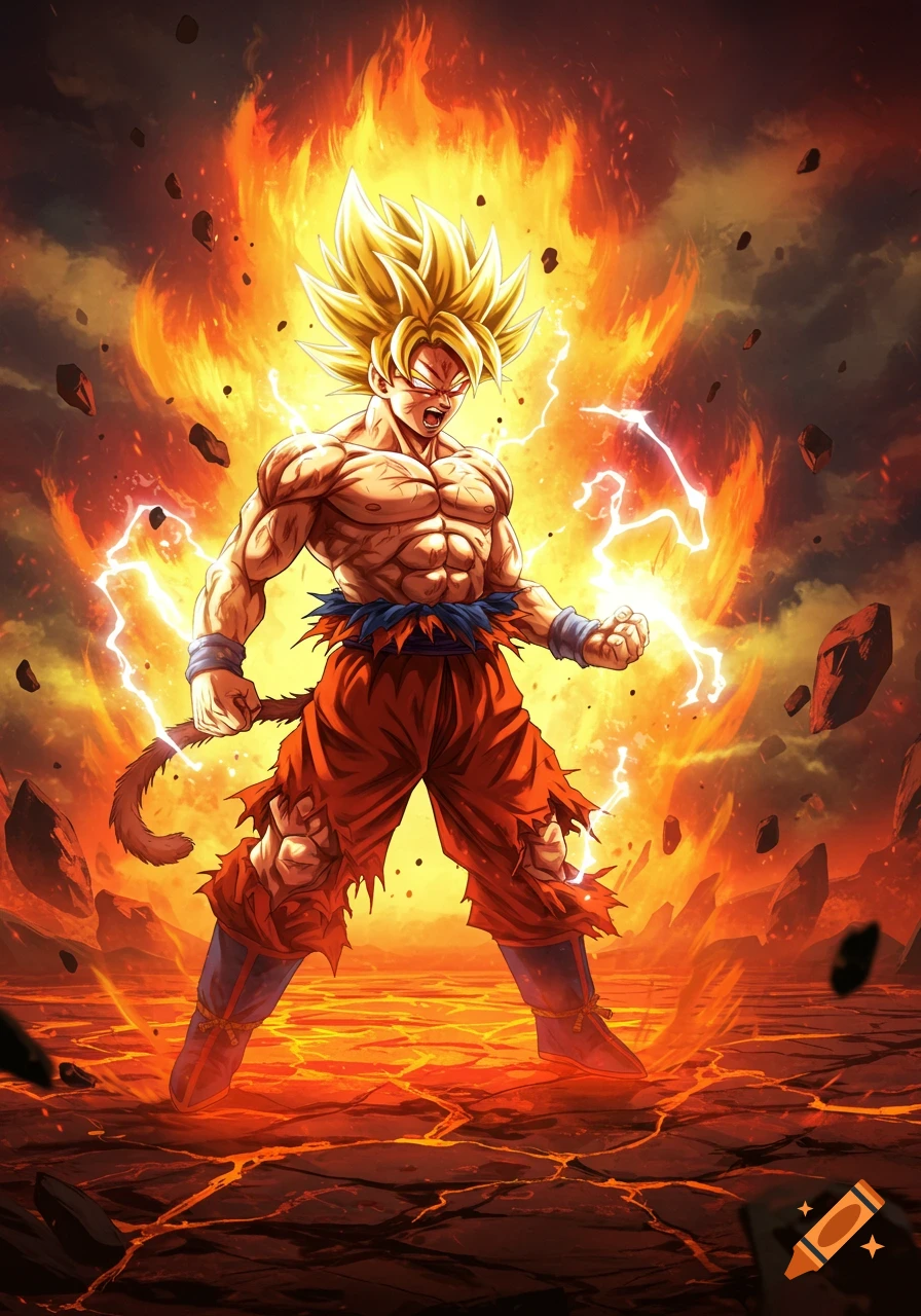 Goku in Super Saiyan form, engulfed in golden energy and lightning, standing on cracked, glowing ground.