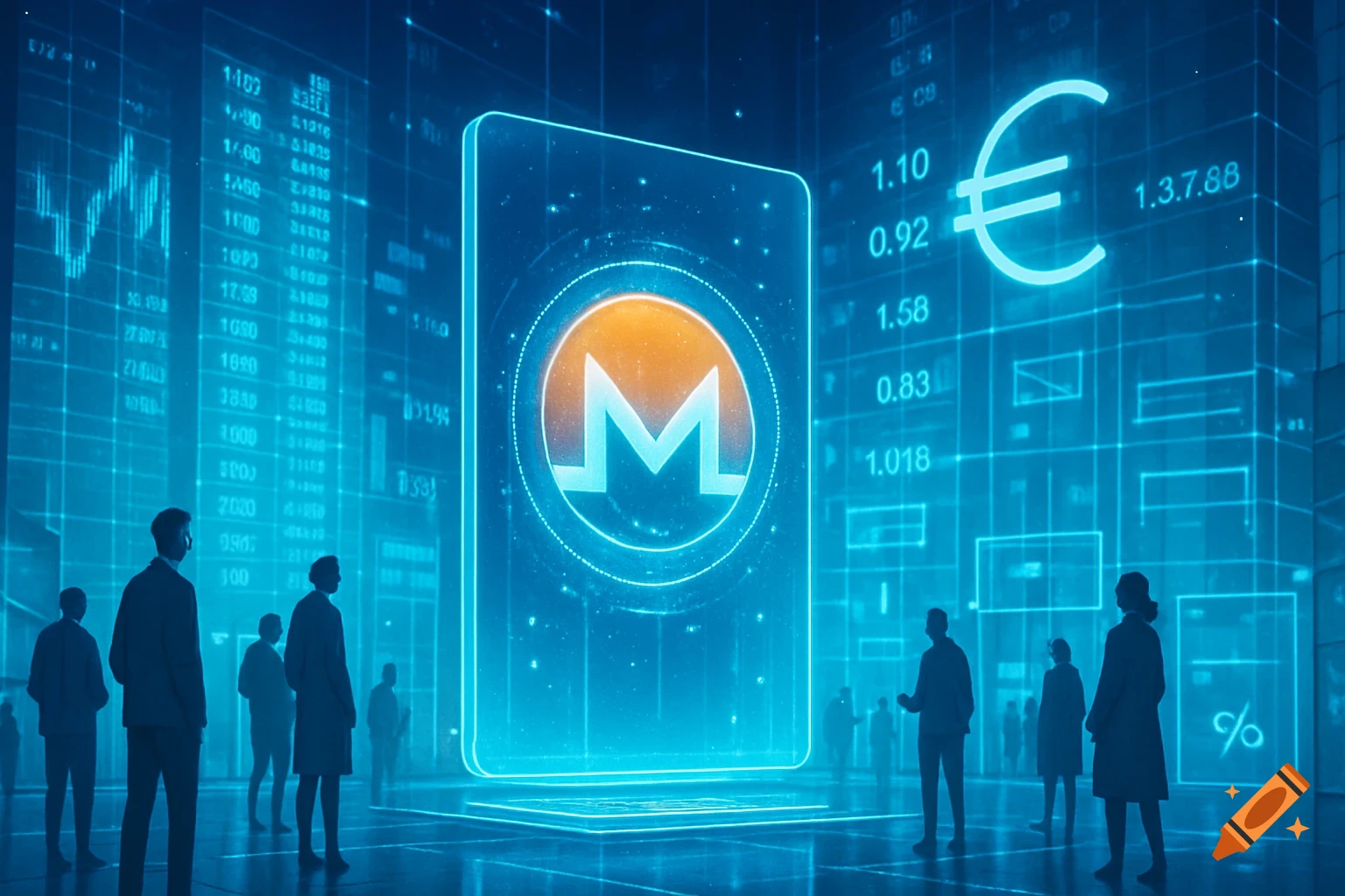 People in silhouettes stand in a futuristic, blue-lit room, looking at glowing holographic screens displaying financial data, cryptocurrency symbols, and a large Monero 'M' symbol.