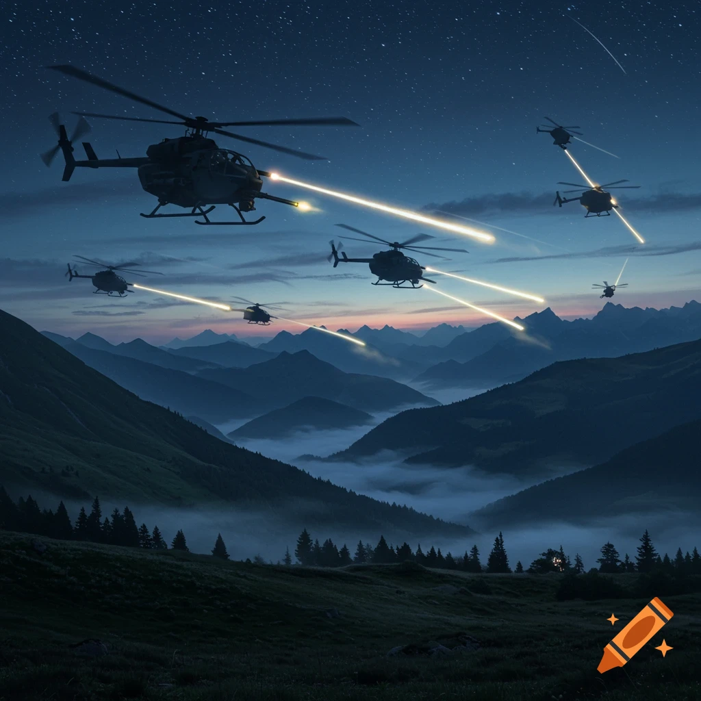 Military helicopters conduct night strikes, firing light trails over misty mountain valleys under a star-filled sky.