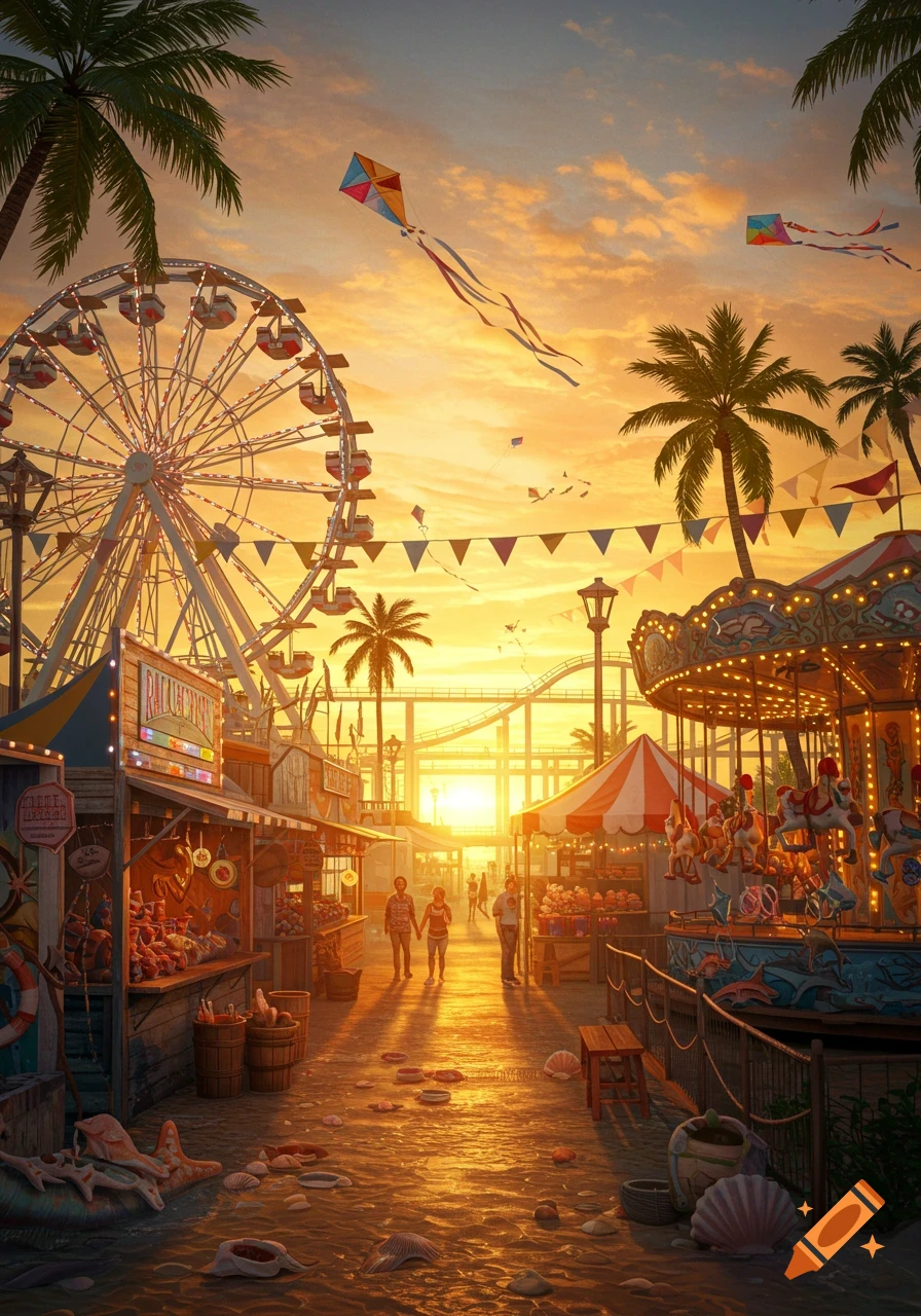 Vibrant coastal amusement park at sunset with a Ferris wheel, carousel, stalls, and people walking along a sandy path.