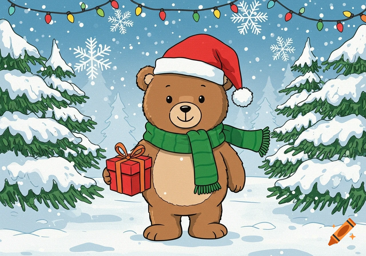 A cute cartoon teddy bear in a Santa hat and green scarf holds a red present in a snowy forest scene with pine trees and string lights.